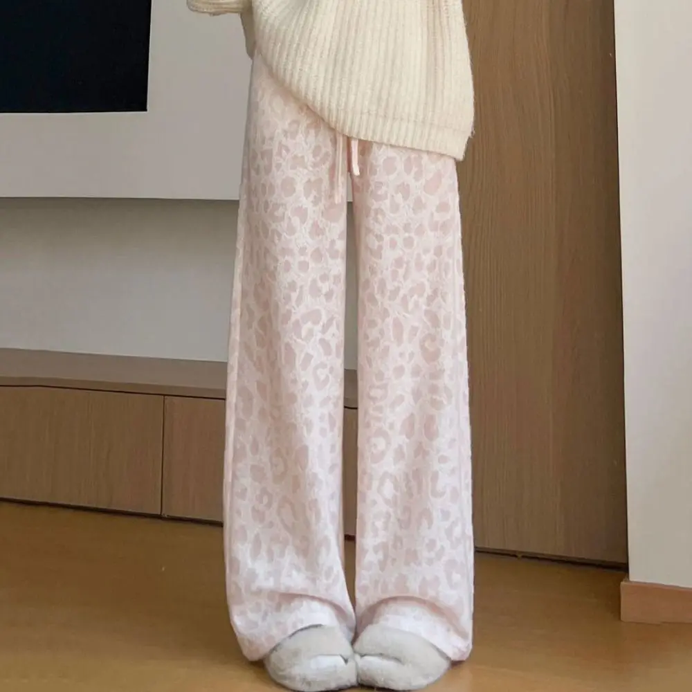 

Simple Plush Velvet Leopard Pants Thicken Warm Loose Casual Pants Women Drawstring High Waist Wide Leg Pants Female