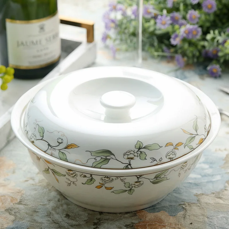 9 inch, golded wave and leaf banding painting, bone china pote, potes, ceramic tureen, japanese soup serving bowls with lid
