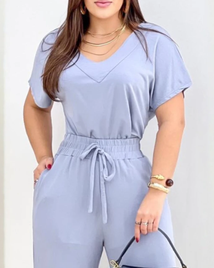 Women Two Pieces Tracksuits Solid Color V Neck Short Sleeve T Shirt and Strechy Drawsting High Waist Daily Casual Pants Sets