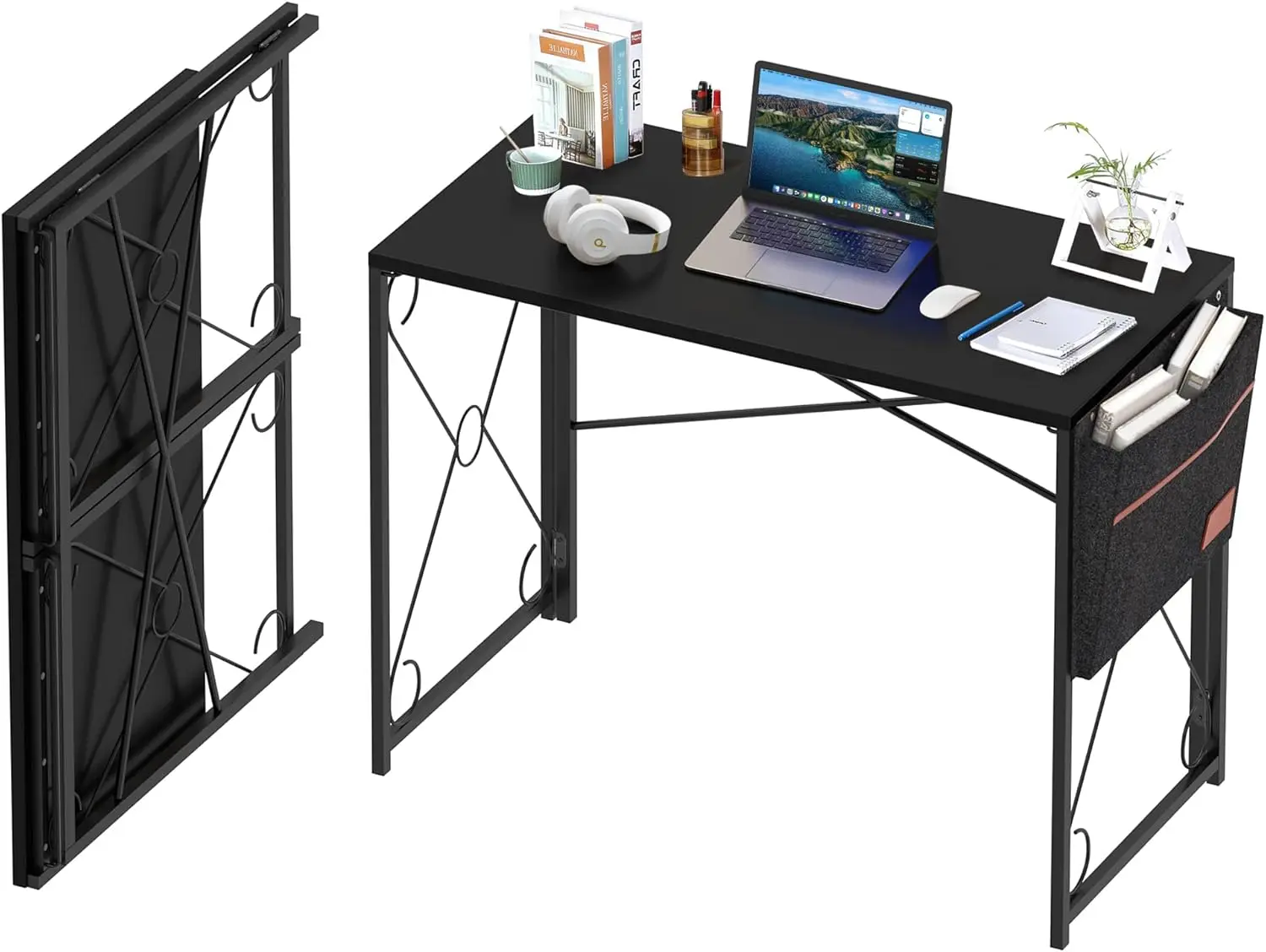 

Складной стол с сумкой для хранения 39-дюймовый письменный стол для домашнего офиса, прочный стальной стол для ноутбука для домашнего офиса, темно-черный