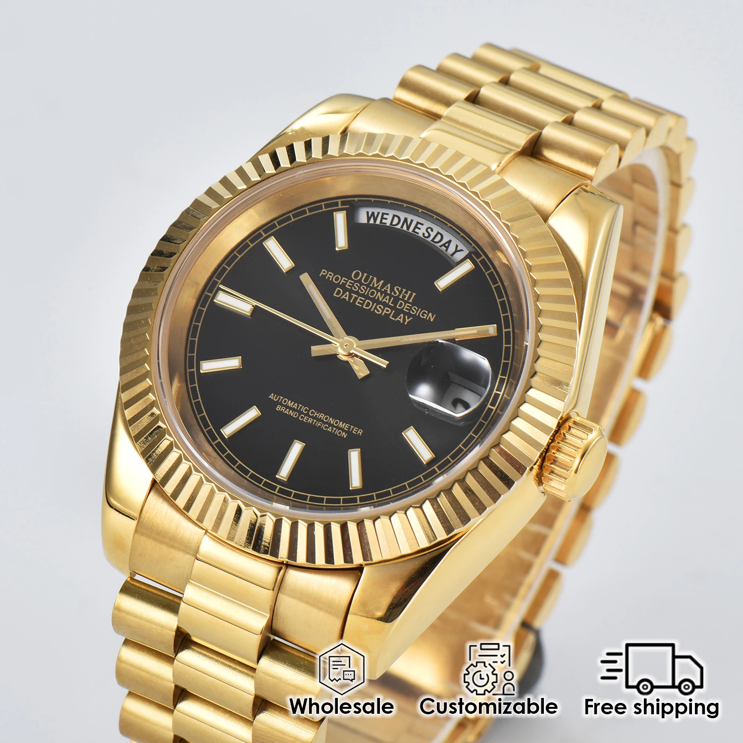 ساعة رجالية ذهبية 39 ملم مع حركة ميكانيكية أوتوماتيكية MIYOTA8285 وعرض التاريخ/اليوم، ساعة عمل فاخرة