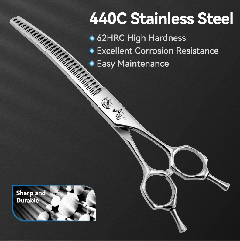 Fenice 7/7,5 Zoll professionelle Haustierpflegeschere, gebogene Chunker-Schere mit kleinen Zähnen, Hunde-Friseurschere 70–75 % – Detail 5