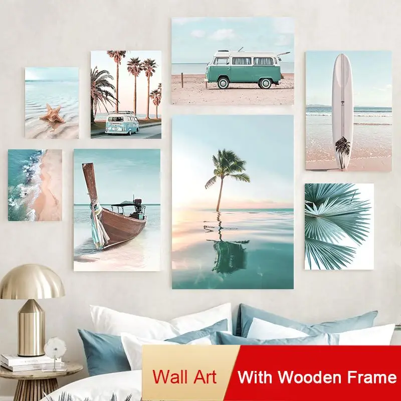 

Nordic Tropical Ocean Surfboard Waves Canvas Painting with Frame Beach Palm Tree Sail Posters Living Room Wall Art Picture Decor