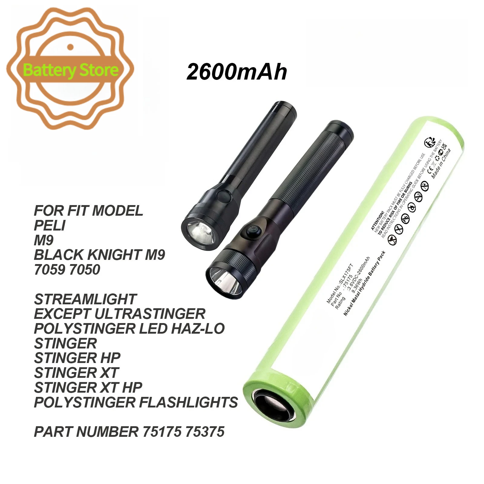 2600mAh Flashlight Battery For Streamlight 75175 75375 Except UltraStinger PolyStinger LED HAZ-LO Stinger XT HP 75300 75301