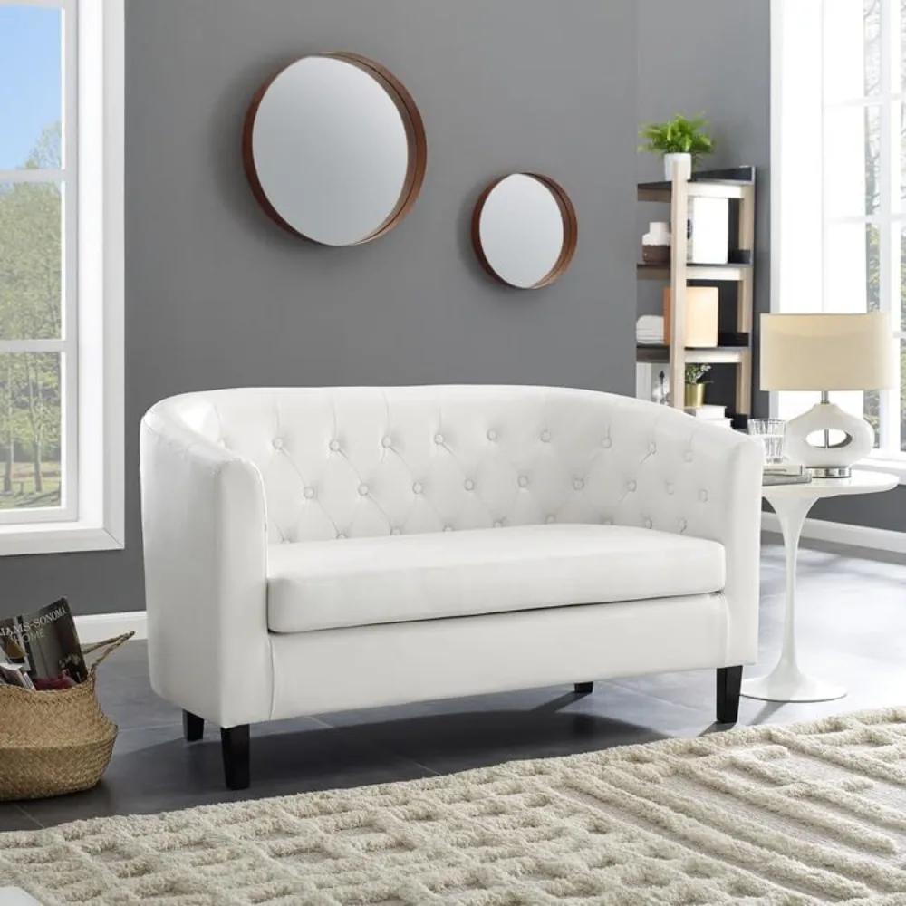 Emma Love Seat, Button Tufted Faux Leather Barrel Loveseat, Midcentury Modern 2 Seater Sofa Couch, Small Loveseat for Small Spac