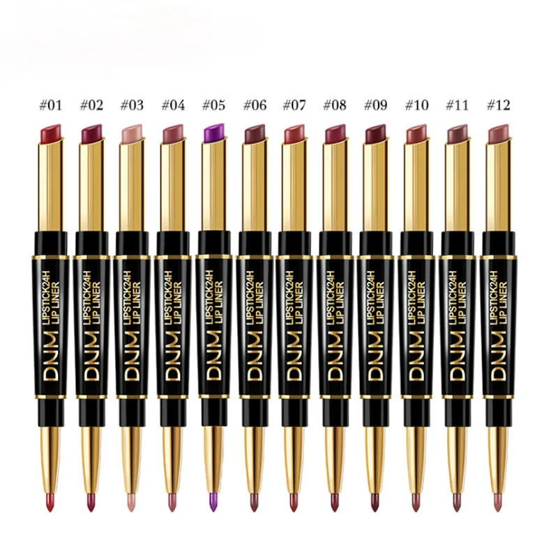 12สี Double-Ended Non-Stick Cup ลิปสติก Lip Liner ยาวนาน Lip Pencil Waterproof Moisturizing เครื่องสำอาง