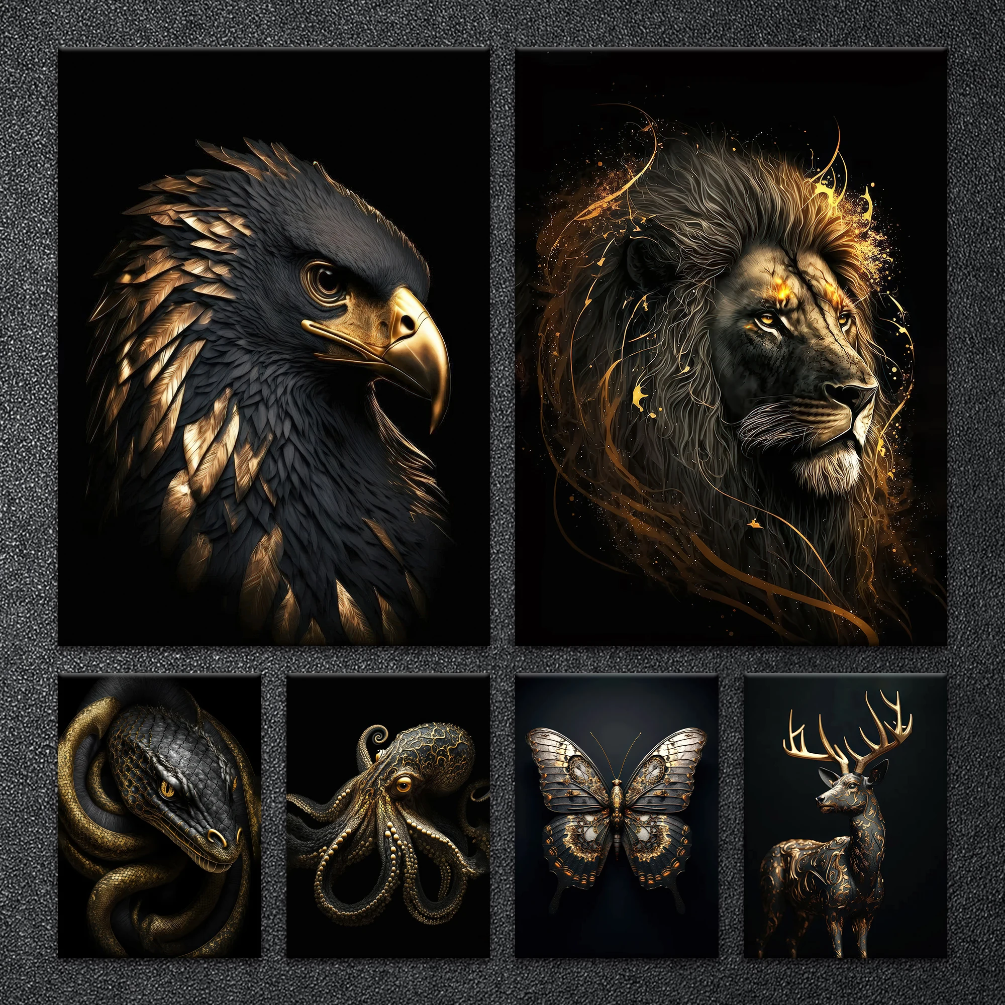 1Pc High quality printed canvas painting, framed, Black and gold realistic animal poster, suitable for Office study room