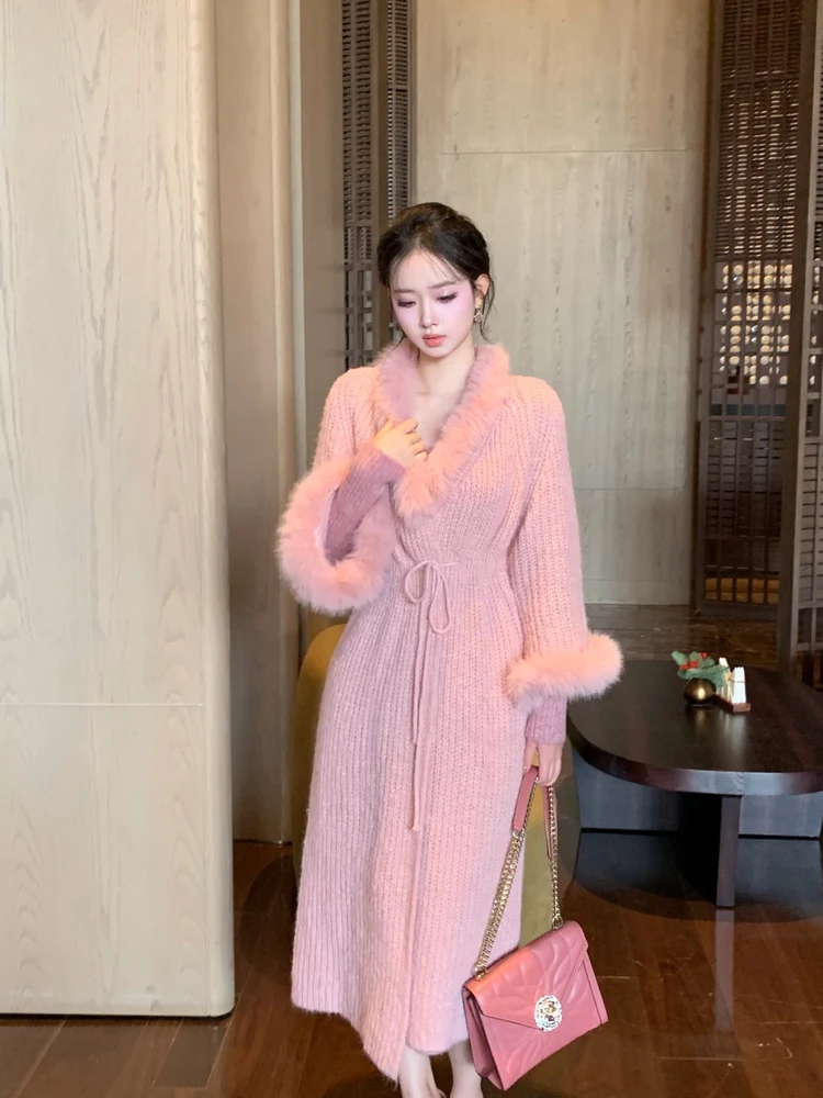 

Changmitang Gentle Figurative Long Knitted Outerwear Slimming Wool Collar Soft Cozy Wealthy Girl Aosphere Faionable Women...