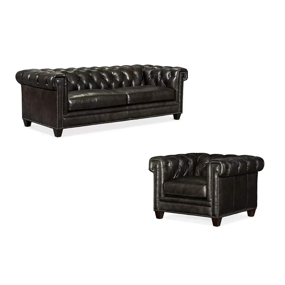 #Classic Tufted Couch – Luxury Genuine Leather Chesterfield Sofa 3-Seater with Rolled Arms and Nailhead Trim, for Living Room