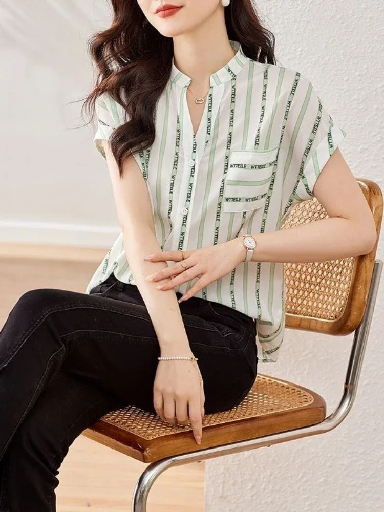 Pattern with Designs Short Sleeve Shirts & Blouses for Women Chiffon Woman Top Blouse Vintage Tunic 2024 New Pretty Elegant Chic