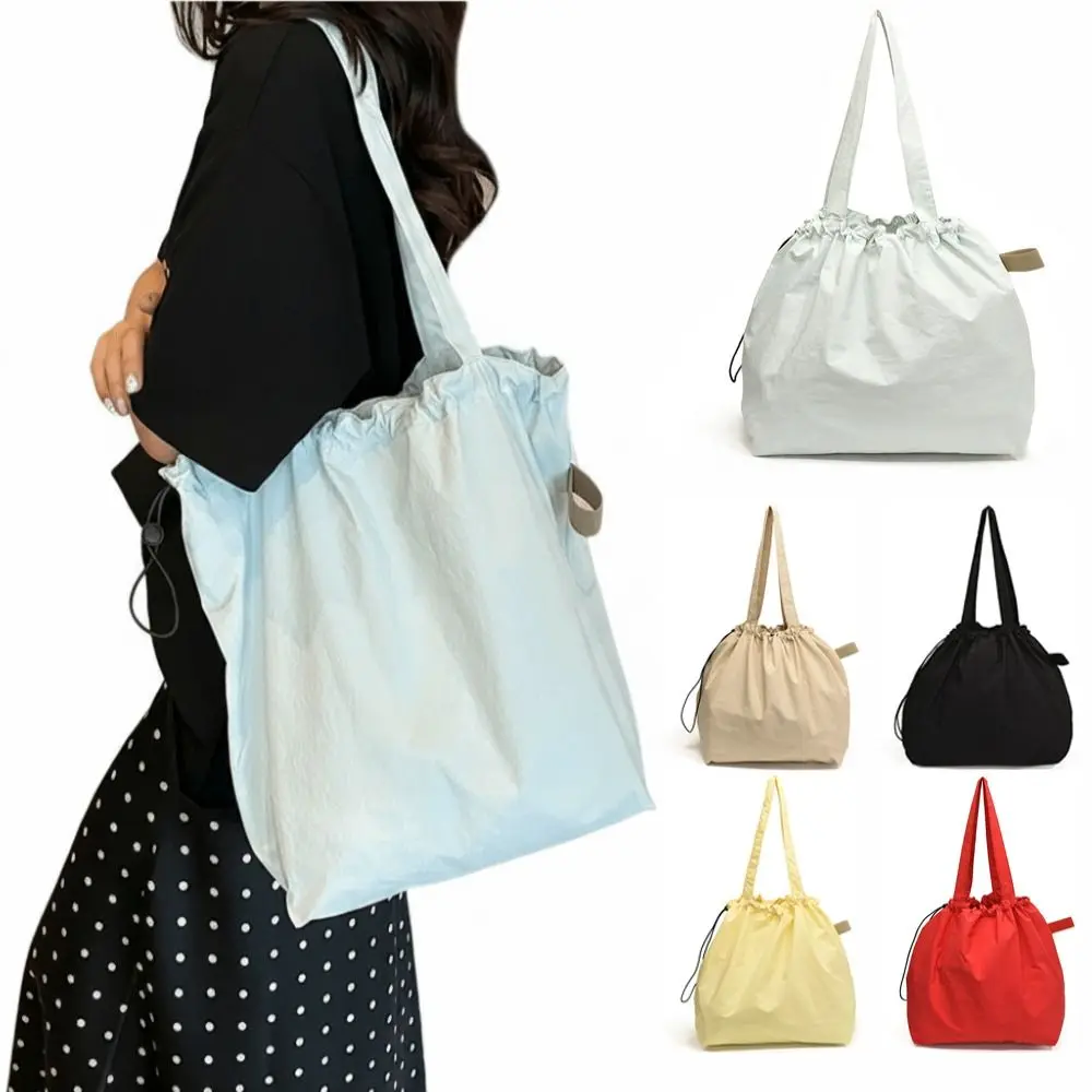Fashionable Versatile Bucket Bag Nylon Large Capacity Crossbody Bag Drawstring Closure Pure Color Shoulder Bag for Women