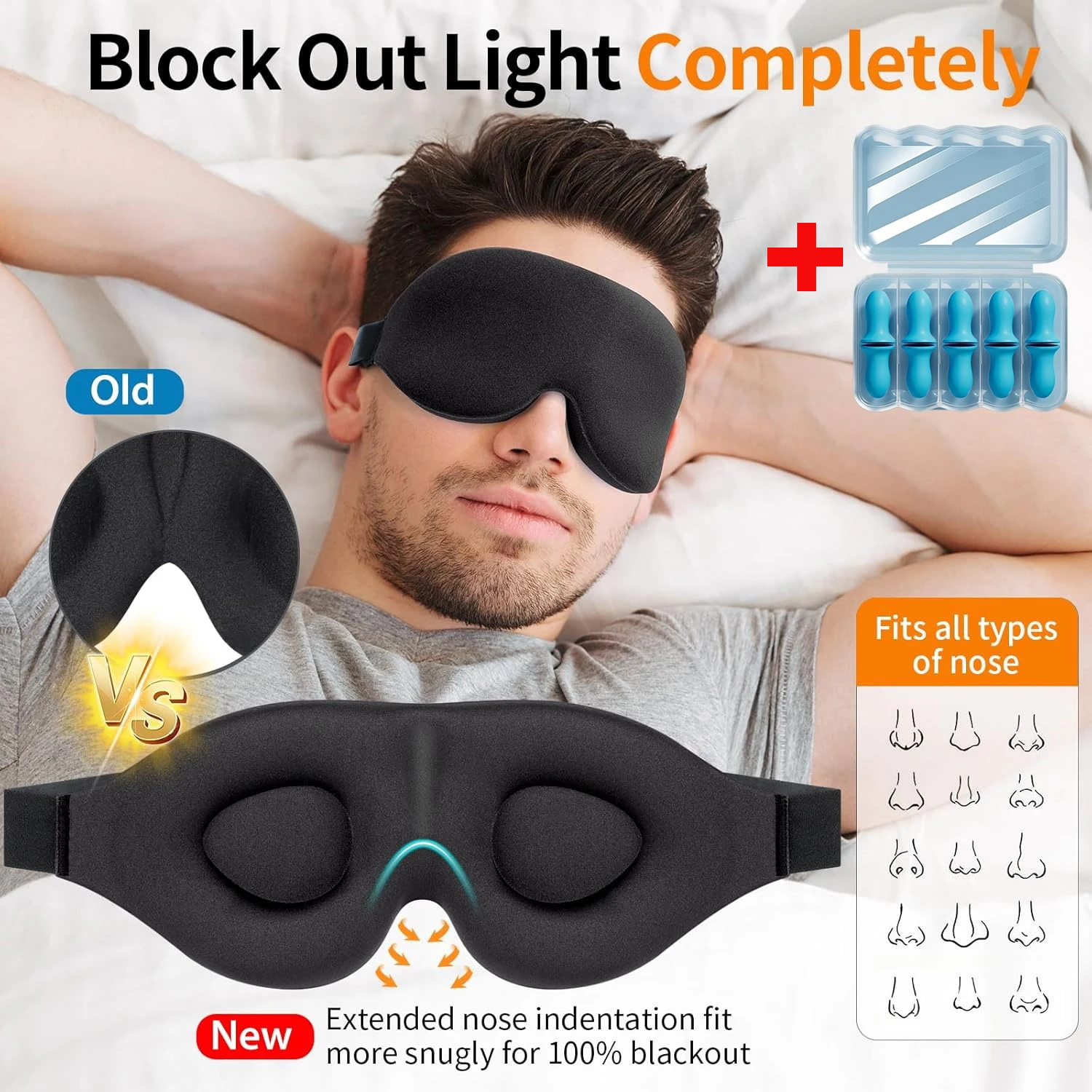 Sleep Mask for Back and Side Sleeper, Block Out Light, Zero Pressure Breathable Travel Eye Cover Black With Sleep Ear Plug
