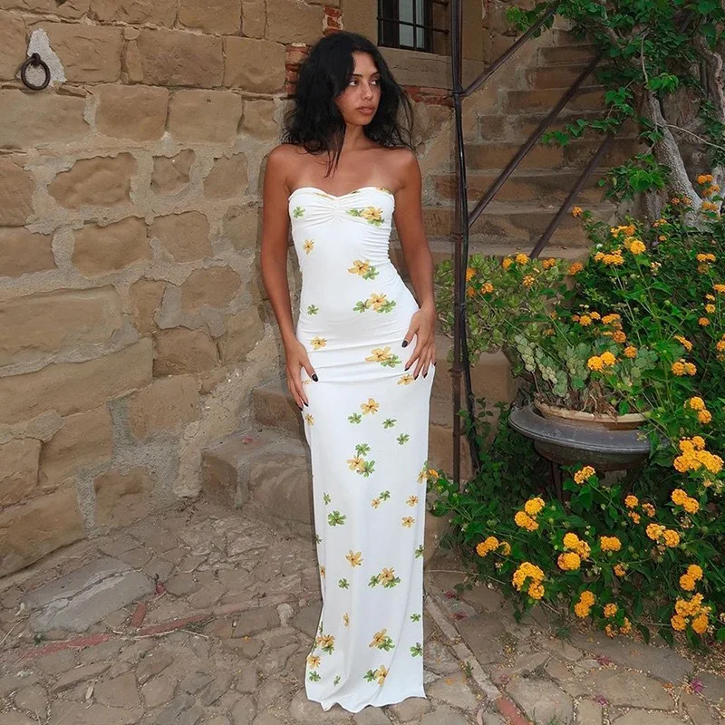 Euro-american Vacation Sexy Wrap Dress, Slit High Waist,Slim Temperament Printed Skirt,Chest Bound And Slit In 2024