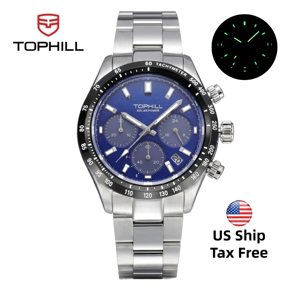 TOPHILL Watches For Men Quartz Chronograph Solar Powered VR42B C3 Luminous 316L Stainless Steel Sandblasted Dial Battery Indicator Guide Sapphire Crystal 50M Waterproof TL029G