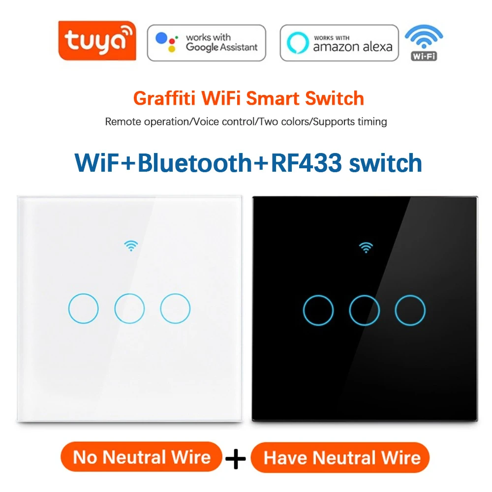 

Tuya WiFi Smart Light Switch EU 1/2/3/4Gang Smart Switch Bluetooth RF Touch Wall Panel Smart Home Work With Alexa Google Home