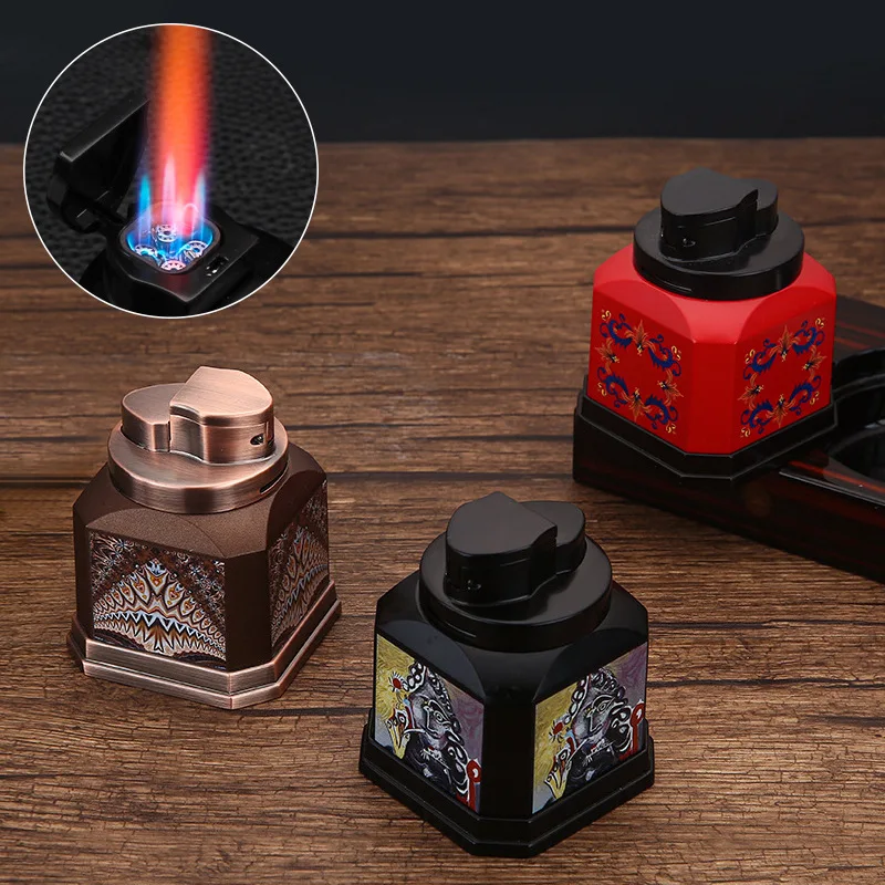 HONEST Desktop 4-Straight Jet Red Flame Butane Gas Torch Lighter One Click Ignition High end Business Cigar Lighters Smoking