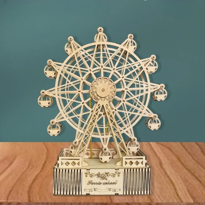 3D Wooden Puzzle Rotating Ferris Wheel Music Box Model Handmade DIY Assembly Toy Jigsaw Desktop Model Building Kits for Kids