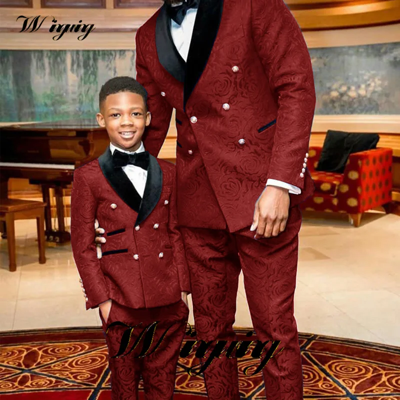 Red Flower Boys Suit Kids Wedding Tuxedo Youth Clothing Double Breasted Jacket Pants 2 Piece Set Party Blazer Children