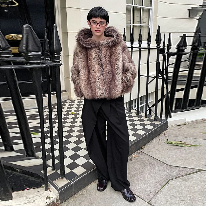 2025 شيك رشاقته رقيق معطف قصير للنساء عادية فو الفراء فضفاض مقنعين طويلة الأكمام البني سترة الشتاء الفاخرة معطف دافئ #6