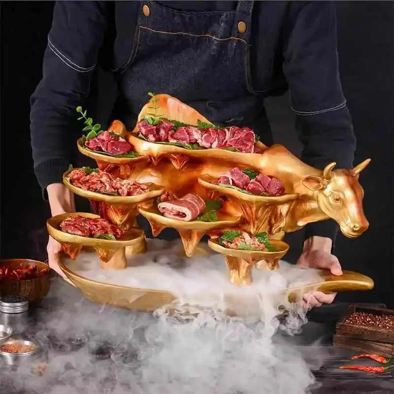 Hot Pot Plate Smoke Golden Cow Shape Dry Ice Tableware Roast Meat Plate Plate