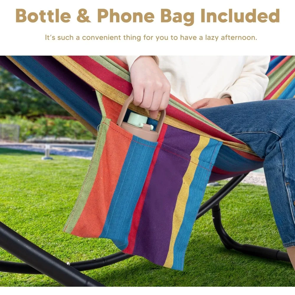 รวมขาตั้งเปลญวนแบบพกพาสำหรับสองคน ดีไซน์ประหยัดพื้นที่ สีรุ้ง กำลังจดสิทธิบัตร เหมาะสำหรับการพักผ่อนกลางแจ้ง