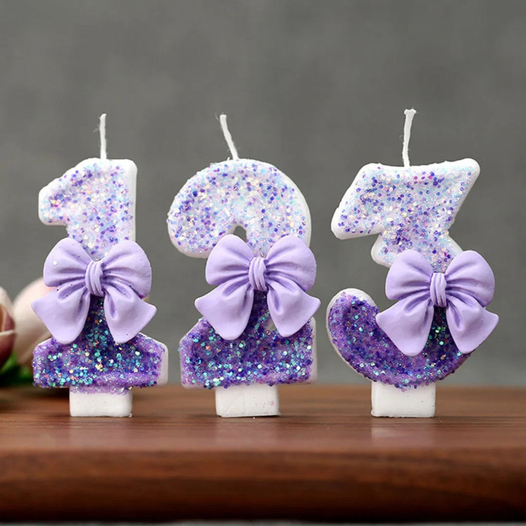Bougies d'anniversaire pour enfants, 1 pièce, nœud violet, chiffres 0-9, bougies d'anniversaire violettes pour filles, décoration de gâteau de 1 an