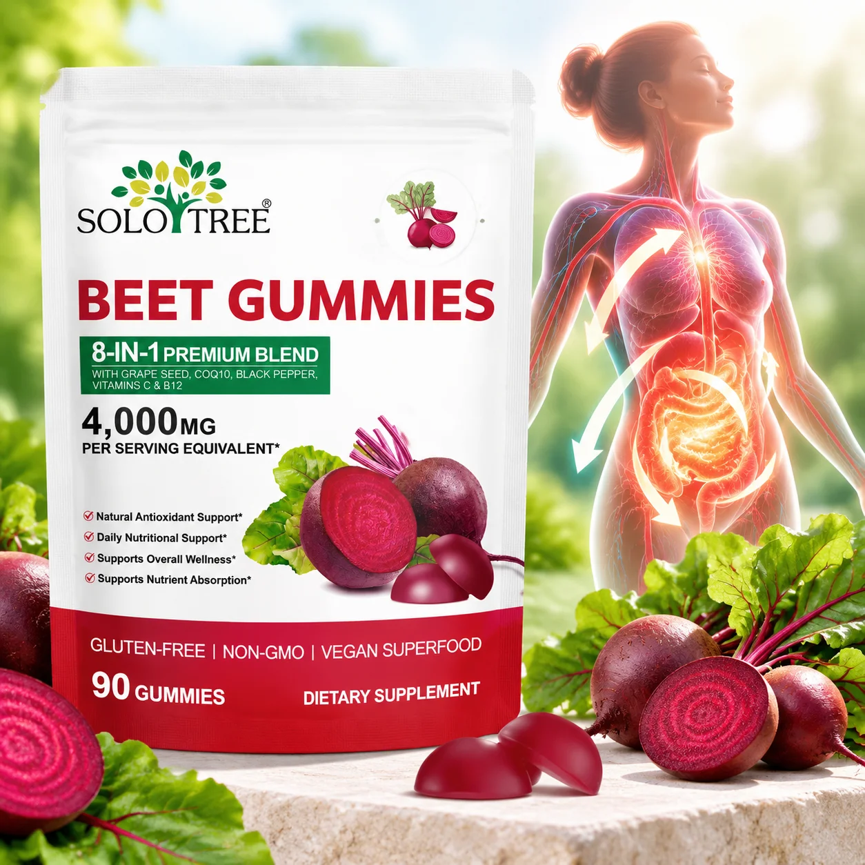 Beet Gummies Supports Natural Detoxification Promote Circulation & Natural Energy & Skin Glow Antioxidant 4000mg 90 Gummies