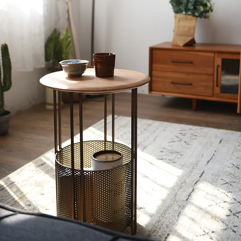 

Small apartment wrought iron Japanese-style simple wind edge few cork bamboo woven storage basket side table mini coffee table c
