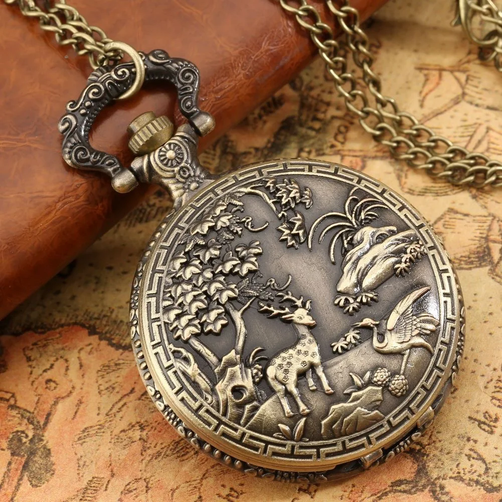 Necklace Chain Old Clock Antique Steampunk Quartz Analog Full Hunter Pocket Watch With Deer