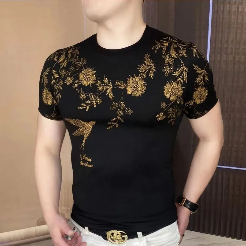 

2024 New Hot Stamping Ice Shreds Vintage Round Neck Short Sleeve Men T-shirt Luxury Printing Fashion Ventilation Trend Tops