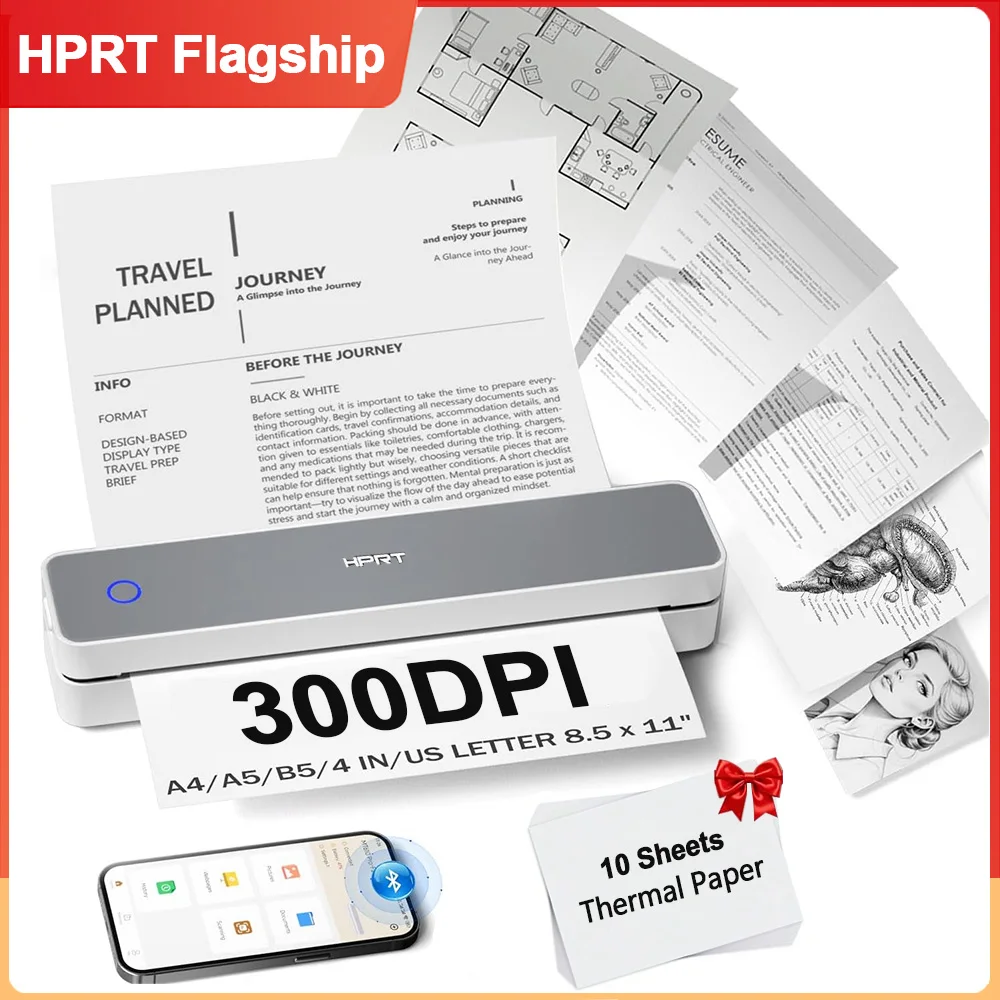Impresora térmica portátil HPRT MT610Pro de 300DPI, inalámbrica, compatible con papel tamaño carta estadounidense de 8.5" x 11" para imprimir PDF en la oficina.