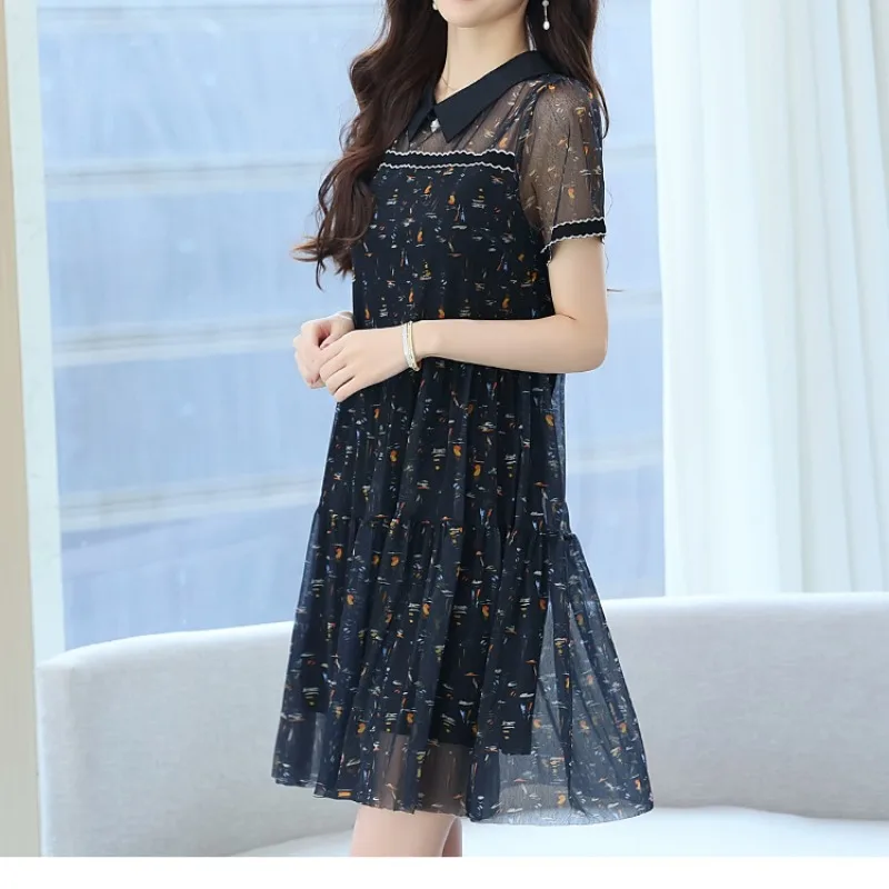 

Women's Summer Turn-down Collar Pullover Lace Rivet Gauze Bright Silk Geometric Print Short Sleeve Casual Elegant Knee Dress