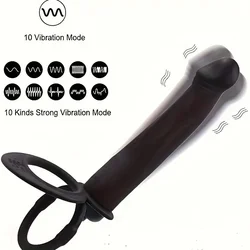 Silicone Vibrating Anal Plug, Double Penetrating Dildo with Cock Ring 10 Frequency Vibrating Ass Plug - No Battery Sex Toy