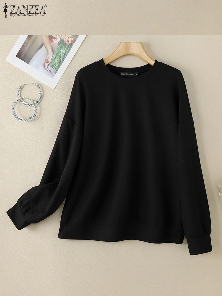 Women Basic Sweatshirts ZANZEA Fashion Waffled Patern Hoodies Holiday Street Long Sleeve Tops Casual Loose Round Neck Pullovers