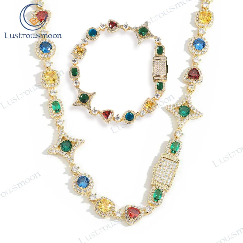 

Hip-Hop Jewelry Rainbow Necklace Iced Out Multi-Color Stone Fancy Shapes Triangle Round Gemstoms Bracelet Gift for Women