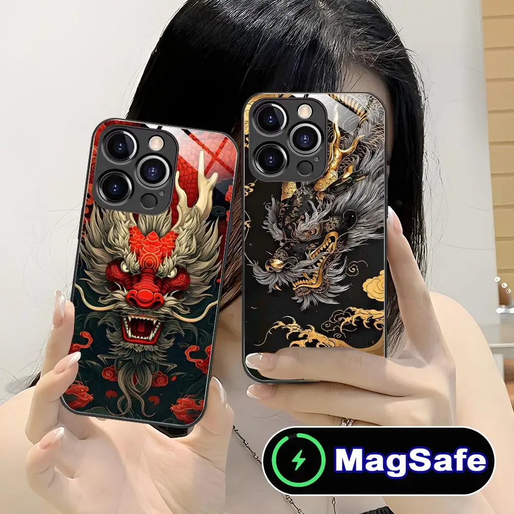 

Чехол для мобильного телефона East Orient Dragon для iPhone 16, 15, 14, 13, 12, 11 Pro Max Plus Mini MagSafe, стеклянный цветной принт, довольно роскошь