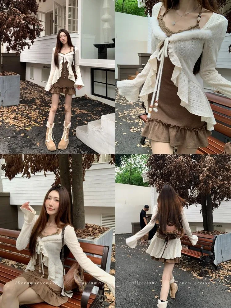 American Retro Slim Fit Camisole Dress for Women+ Ruffles Long Sleeve Knitted Cardigan 2024 Autumn New Two Piece Sets