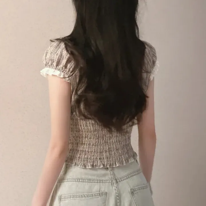 Estate da donna ort Sve Chiffon irt Design coreano Plaid con cintura ort Cravatta in vita Colletto quadrato Top Faion Commute Sle