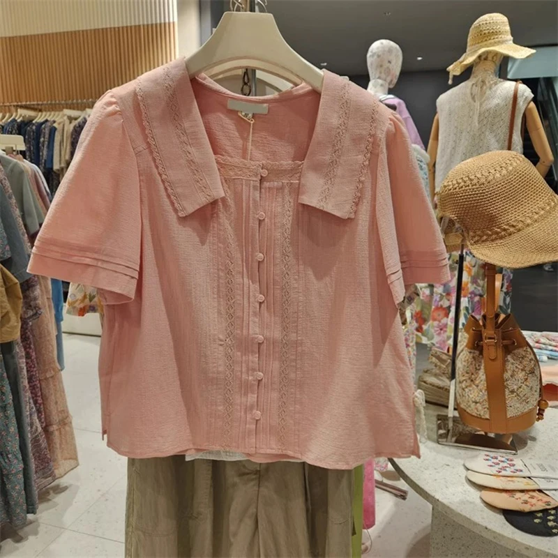 

MICOAT Pure Original Gentle Sweet Forest Sle Island 25 Summer Ele Lace Trim Collar Refreing Cotton Shirt Women