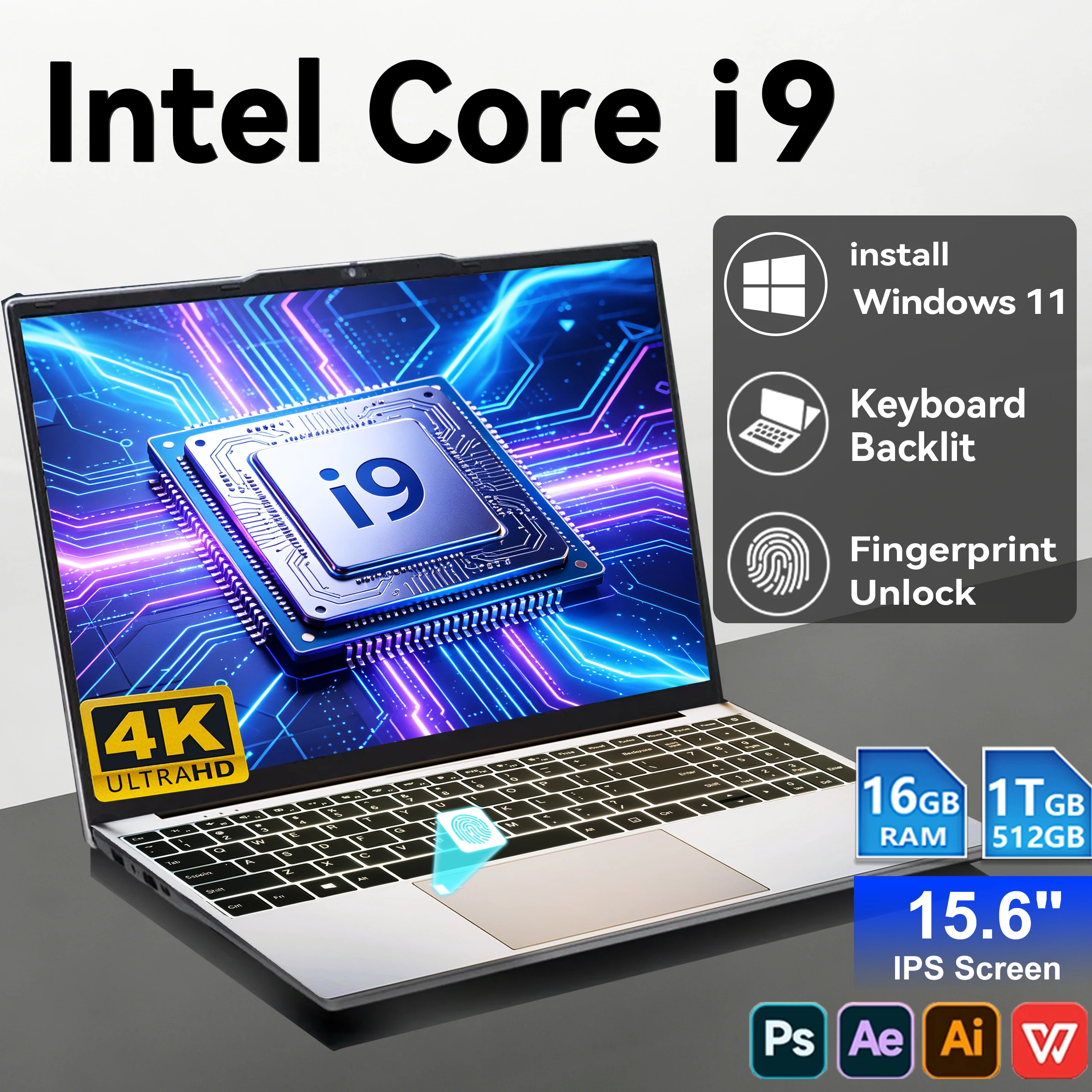 Windows 11 Pro 15.6' Ultra Slim Laptop Intel Core I9-9900 16GB RAM 1/2TB SSD Fingerprint Unlock Office Game Backlight Laptop