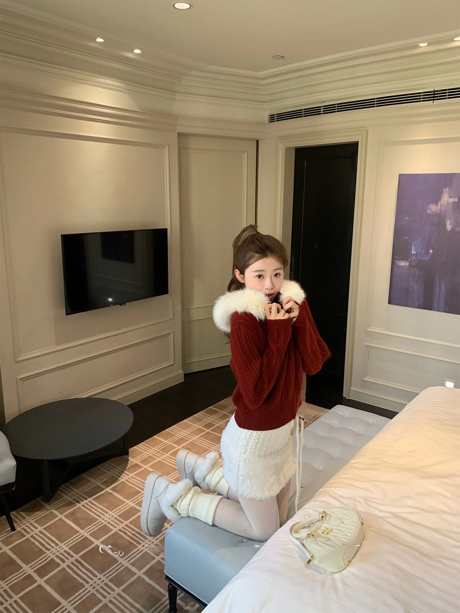 

Красное вязаное пальто Hatl для женщин OKJJ Cisas Theme со съемным меховым воротником ort Sle Thiened Long Sve Zipper Design