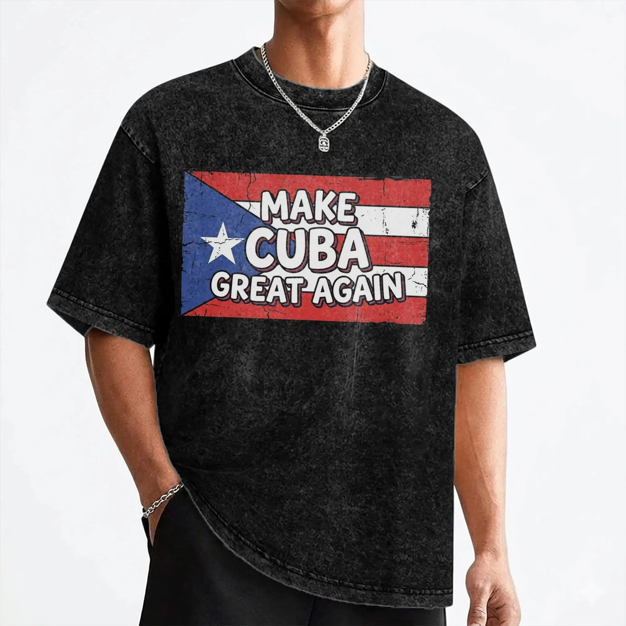 Washed T Shirt Make Cuba Great Again Cuban Flag Vintage Hip Hop T-Shirt Oversize Streetwear 100% Cotton Summer Tops Tees for Men