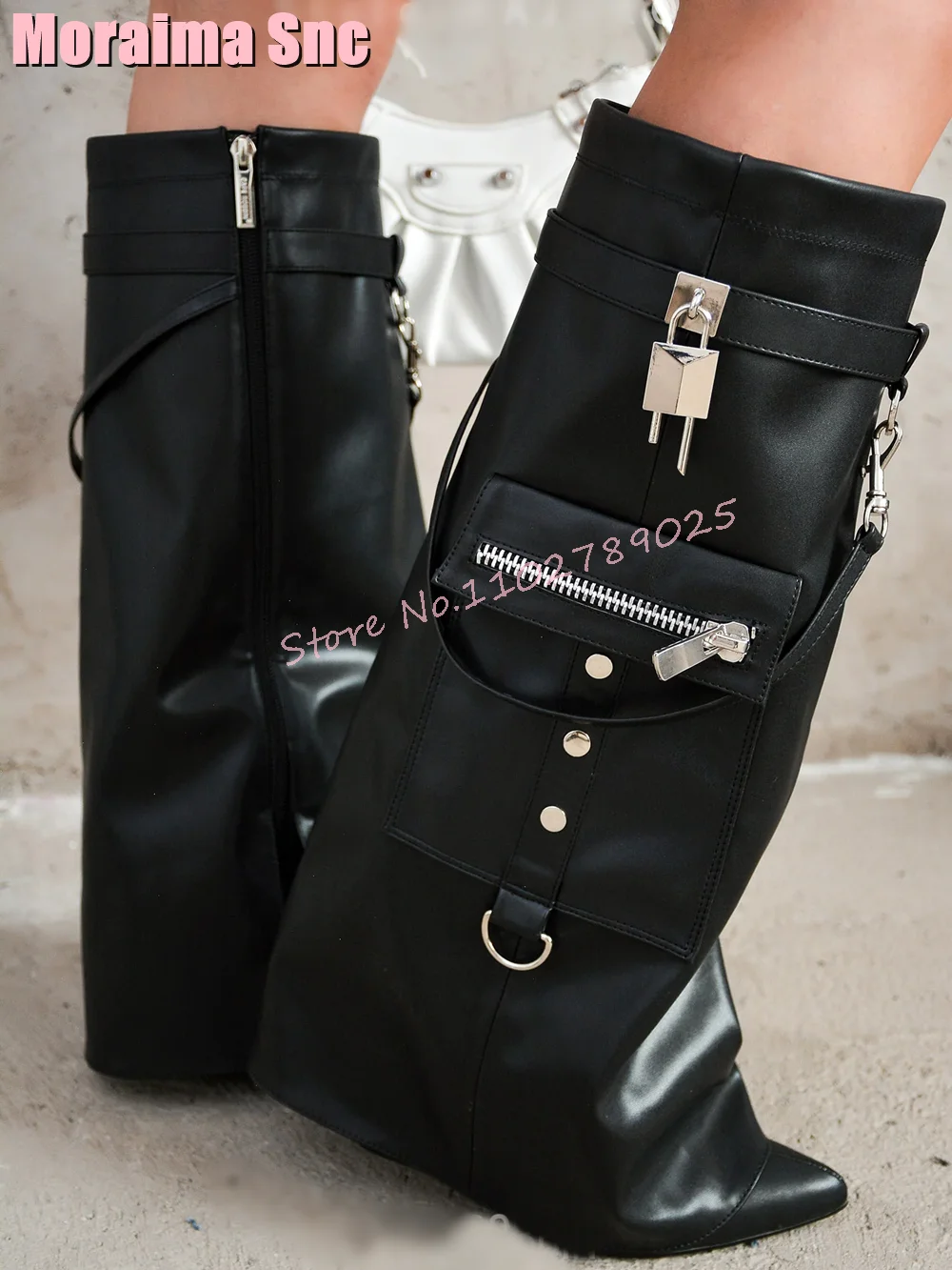 Pocket Padlock Turned-Over Edge Knee High Boots Pointed Toe Wedges Black Fashion Unique Women Long Boots Side Zipper Winter 2023