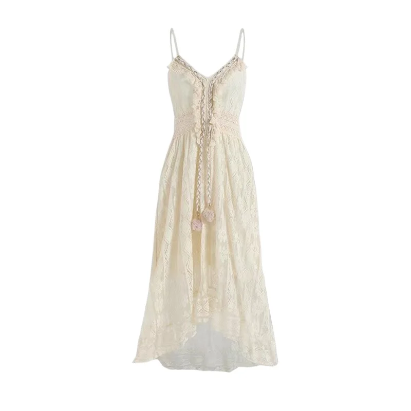 

Sexy Hollow Out V-neck Spaghetti Straps Lace Long Dress