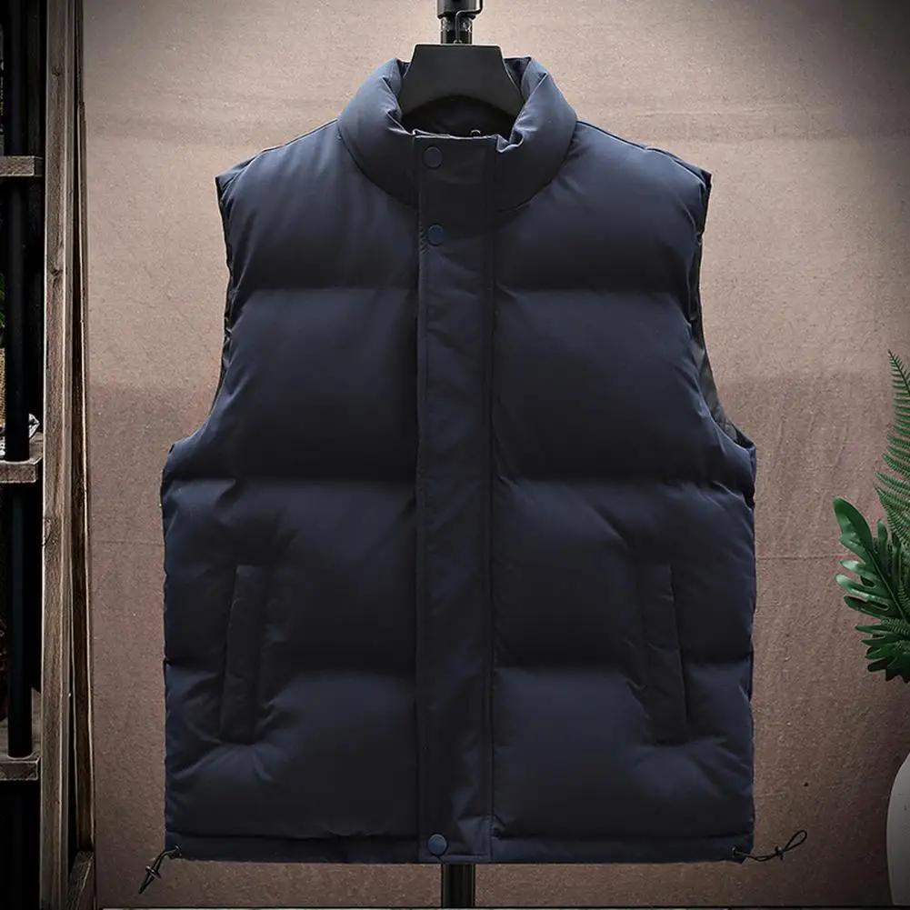 Casual Men Vest Men's Winter Warm Stand Collar Vest with Zipper Placket Pockets Solid Color Thickened Outerwear for Cold Weather