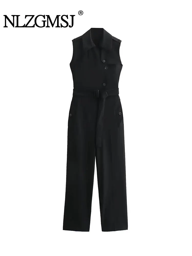 

TRAF 2024 Spring Autumn Black Jumpsuits Female Jumpsuit Lapel Collar Sleeveless Long Jumpsuit Elegant Women's Overalls