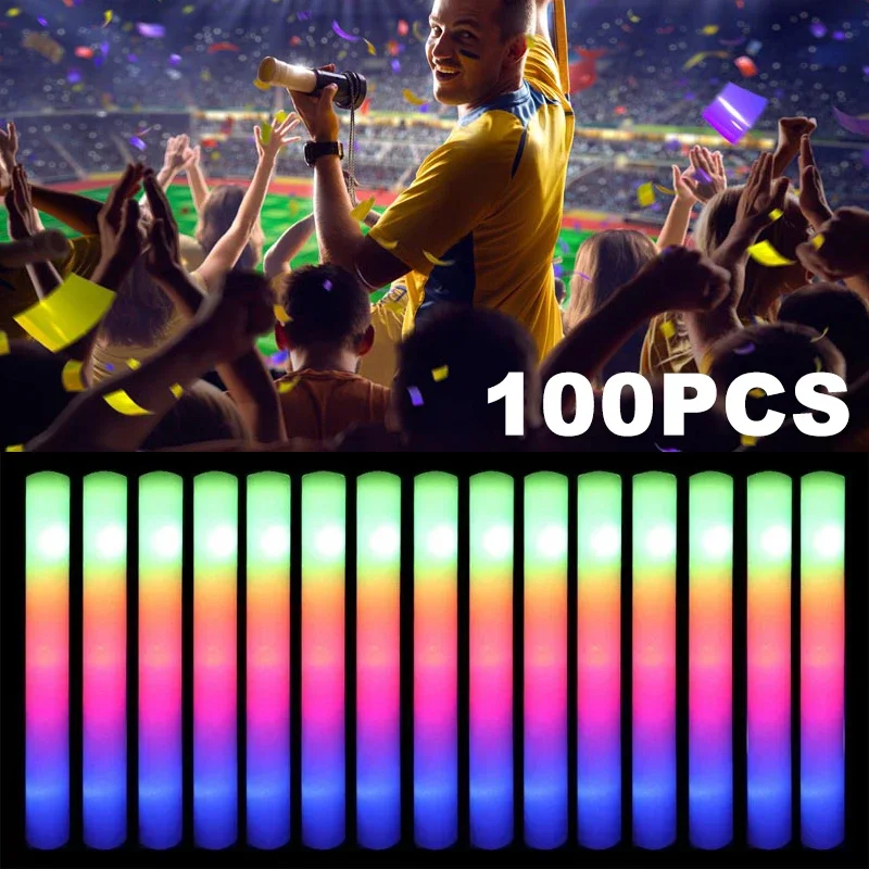 

1-100PCS LED Glow Sticks Bulk Colorful RGB Glow Foam Stick Cheer Tube Dark Light for Xmas Birthday Wedding Party Supplies