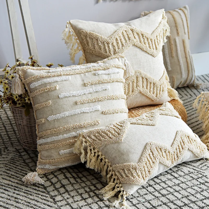 

Tufted Beige Cushion Cover With Tassels 30X50cm 45X45cm Boho Furnishing Ethnic Style Throw Pillowcase For Sofa Home Decoration