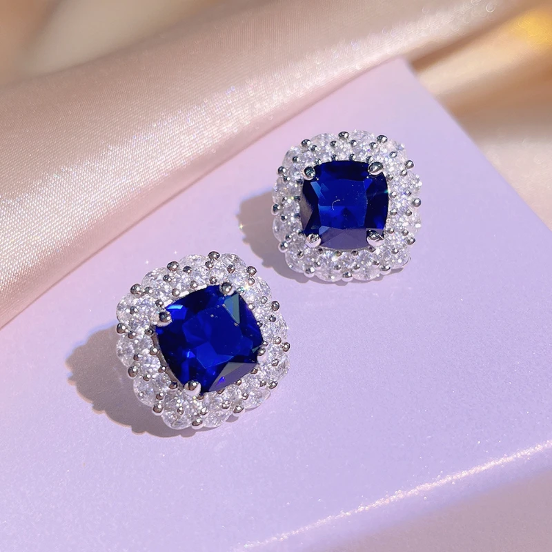 925 Sterling Silver Light Luxury Fashion Geometric Blue Pendant Necklace Set Women\'s Full Cubic Zirconia Luxury Wedding Jewelry