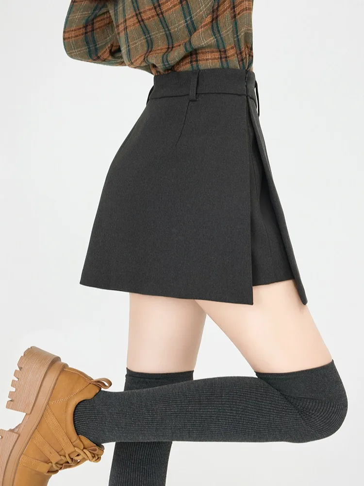 

Retro ey Woolen Split A-Line Skirt Pants Women's Autumn Winter Small Size Anti-Light High Waist Slimming Skirt